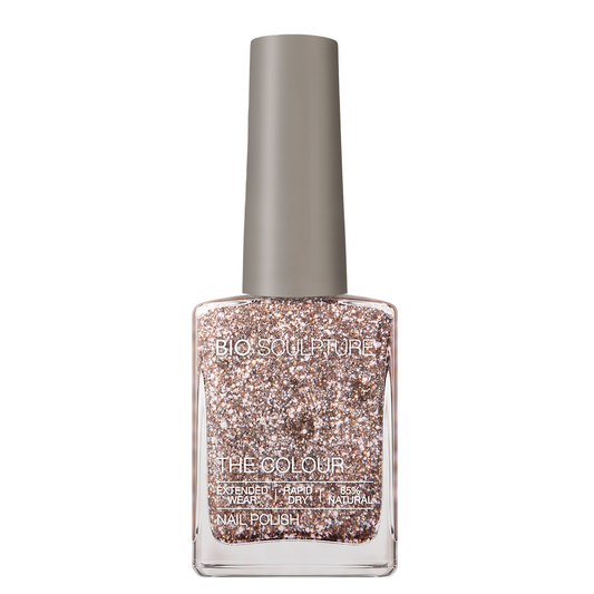 Shine Like A Disco Ball Nail Polish – Bio Sculpture Produktflasche; Farbton ein heller, warmer Goldglitter