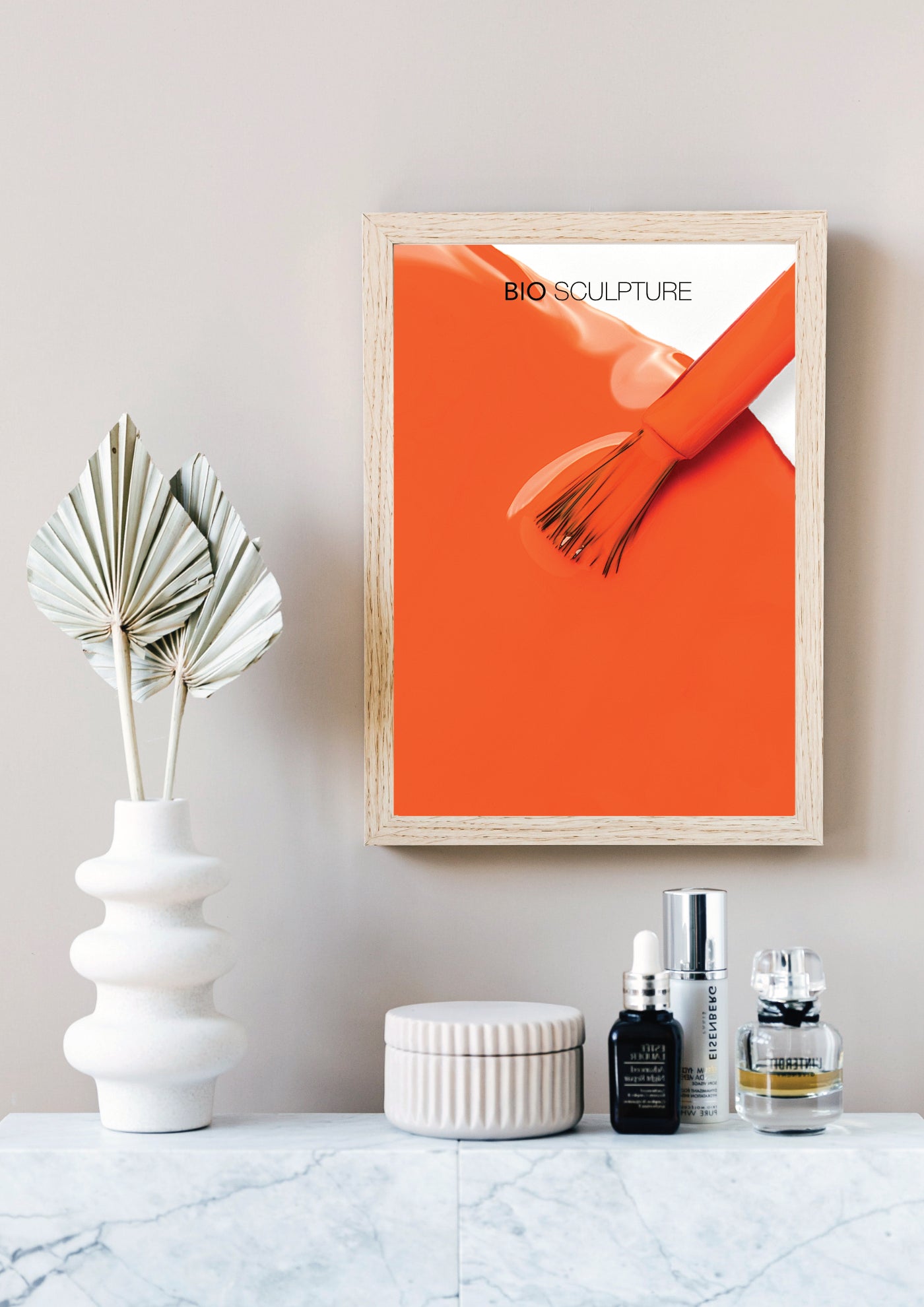 digital bio sculpture poster displayed in a stylish frame on a modern studio shelf with decorative items.