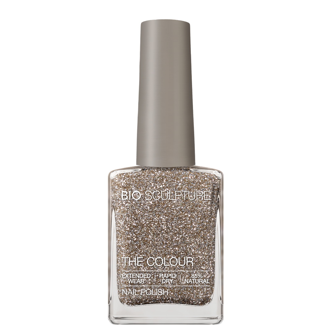 Odette Nail Polish – Bio Sculpture Produktflasche; Farbton ein reflektierender Goldglitter mit kupferfarbenem Unterton