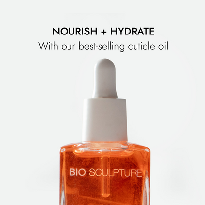 Almond Cuticle Oil - Flasche und Pipette mit Nourish + Hydrate Schriftzug
